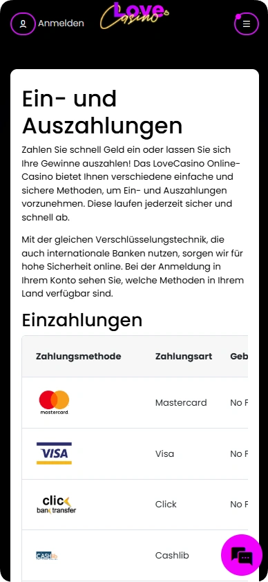 Einzahlungsmethoden im Love Casino