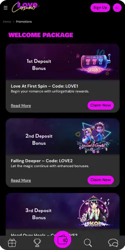 Welcome packages at Love Casino